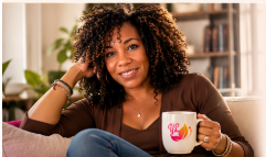Yevtte Lacy seated with a Yevtte Lacy Books mug